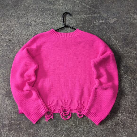 BADU Distressed Sweater One Size Hot Pink Knitted Fringe Hem Casual Holiday Chic - Picture 1 of 8